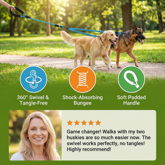 2-in-1 Double Dog Lead with 360° Swivel – Tangle-Free & Shock-Absorbing