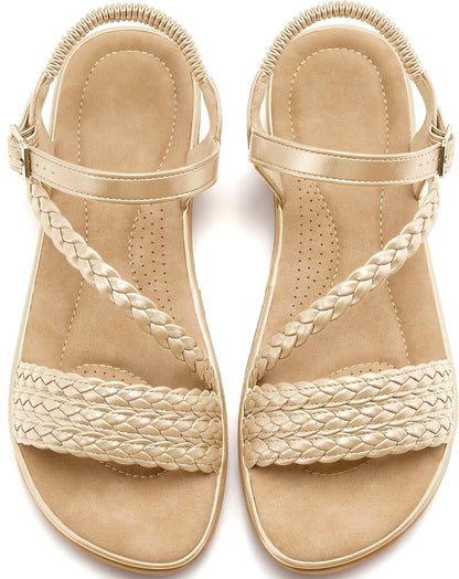 Aomigoct Dressy Womens Sandals Summer: Comfortable Strappy Flats Sandals Women - Casual Walking Woman Shoes